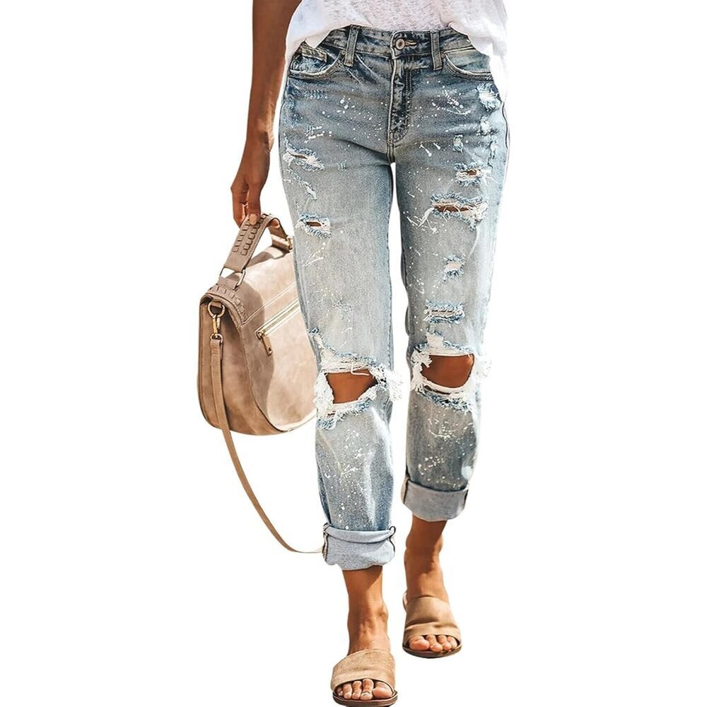 Women's Ripped Stretch Denim Boyfriend Jeans Xx-large Light Blue Casual